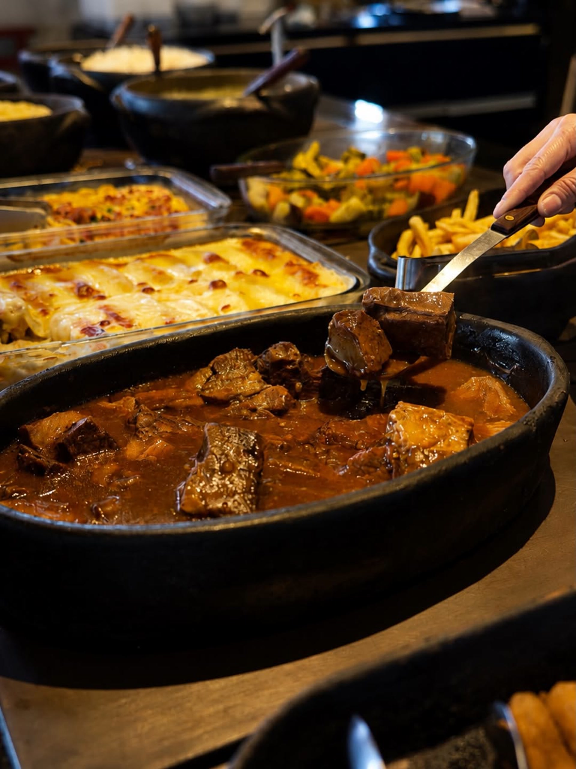 Buffet do Massala com diferentes pratos e acompanhamentos.