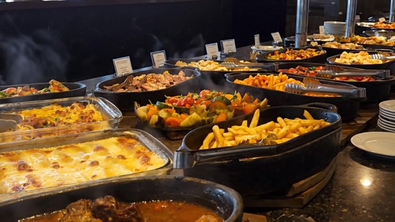 Visão ampla do buffet do Massala.